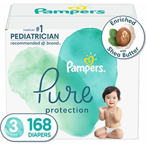 Diapers Size 3, 168 Count - Pampers Pure Protection Disposable Baby Diapers, Hypoallergenic and Unscented Protection (Packaging & Prints May Vary)