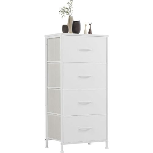 Sweetcrispy Dresser for Bedroom, Storage Drawers, Skinny Fabric Storage Tower with 4 Drawers, Tower Organizer Unit, Chest of Drawers with Wooden Top for Closet,Entryway,White