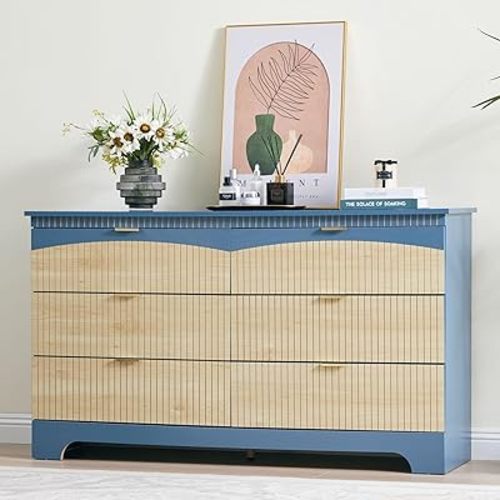 Fluted 6 Drawers Dresser for Bedroom, Mid Century Modern Dresser for Closet & Chest of Drawers, 54 Inch Wood Large Drawer TV Stand for Living Room (Blue, 6 Drawer)