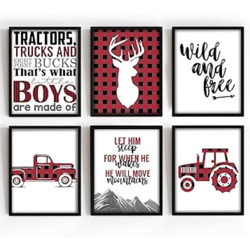 Silly Goose Gifts Buffalo Plaid Themed Wall Art Decor, Tractor Truck Pictures, Wild Adventure Room Decor, Inspiring Quotes, Wall Posters for Kids Bedroom Stag Hunting Mountain Wild Nursery, Set of Six