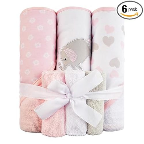 Viviland Baby Towels and Baby Wash Cloths Set Hooded Baby Towels Baby Wipes Absorbent Bath Face Towels Burp Cloths or Face Towels for Girl Boy 6-Pack Size 28 x 28 Inch(Elephant)