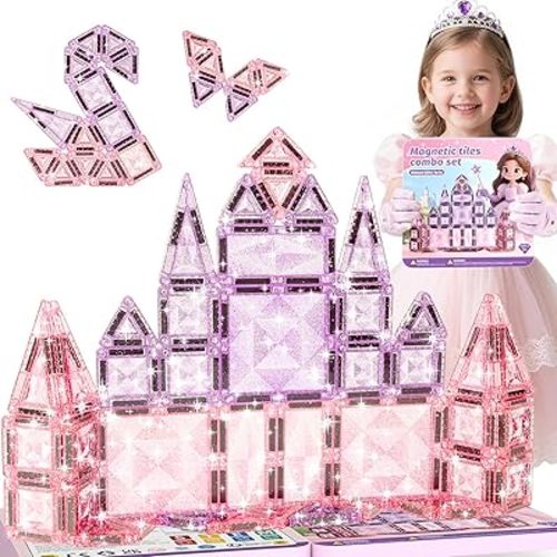 burgkidz Sparkling Glitter Magnetic Tiles: Castle Gift for Girls 3-8