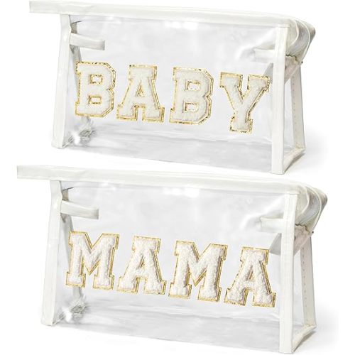 EZdhuawuse Mother's Day Cosmetic Bags - 2Pcs Summer Preppy Patch White MAMA BABY Chenille Varsity Letter Clear Toiletry Makeup Bag Aesthetic Waterproof Portable Makeup Pouch Clutch Purse for Mom