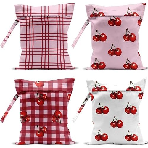 4 Pack Cute Cherry Checkered Wet Bag Waterproof Washable Reusable Wet Dry Bag for Swimsuit Pump Parts Dirty Clothes Bathing Cloth Diaper Travel Beach Pool Yoga Gym Toiletries Travel Beach Essentials
