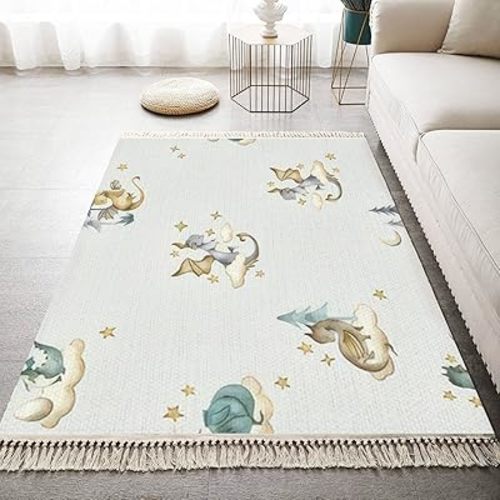 Boho Kid Bedroom Playroom Nursery Area Rugs Dragon Baby Animals Watercolor Seamless Tassels Carpet Patio Hallway Runner Mat Pad Home Decor Living Room Indoor Outdoor