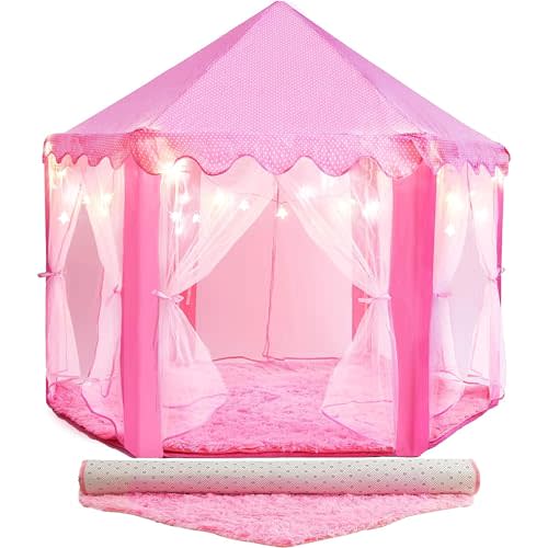 PLAYVIBE Princess Tent for Kids Tent 55"x53" – Princess Toys Kids Tent with Ultra Soft Rug & Star Led Lights – Princess Castle, Indoor & Outdoor