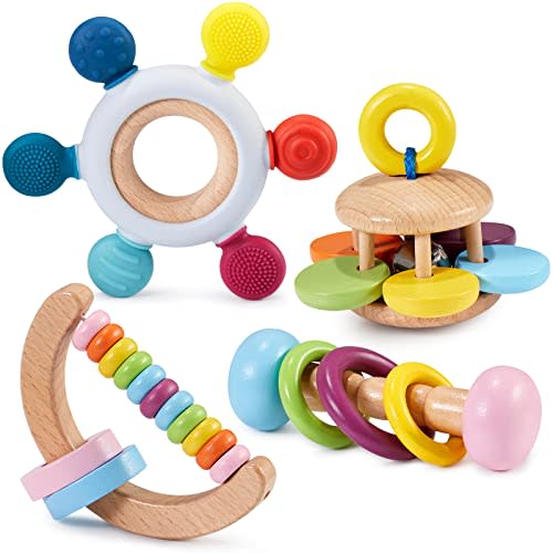 4 Pcs Montessori Toys for Babies Wooden Baby Toy for Babies 18+ Months Wooden Rattle Baby Teething Toys Silicone Rudder with Beech Wooden Ring