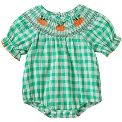 Newborn Baby Girl Smocked Pumpkin Outfit Infant Plaid Bubble Romper Embroidery Halloween Thanksgiving Fall Clothes