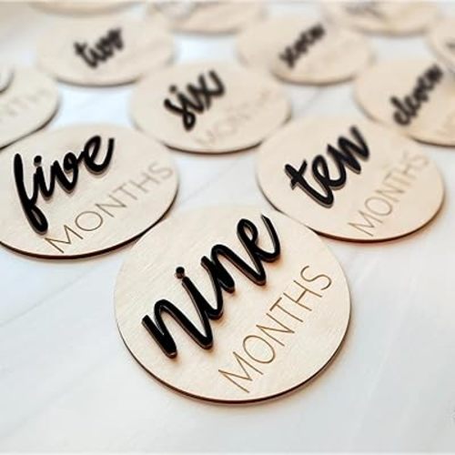 Baby Monthly Milestone Markers Disc, Wooden 3D Milestone Cards for Photos, Baby Announcement Sign, 1-12 Months, wooden baby milestone sign (Black)