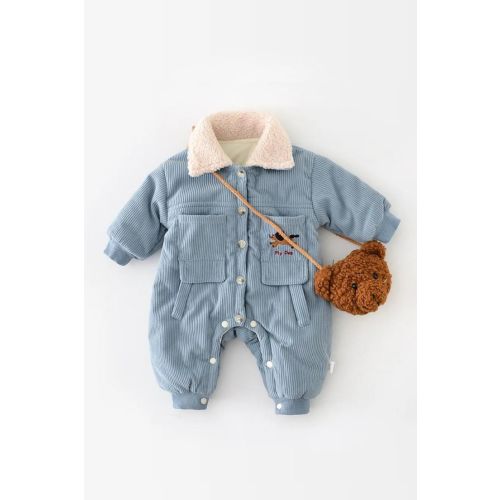 Winter Baby Clothing Corduroy Fur Rompers Turn Down Collar Boys Jumpsuits - Blue / 3-6M