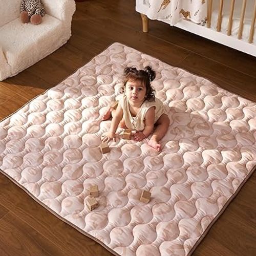 Momcozy Baby Play Mat for Floor, 50x50 Thickened Playpen Mat, Playmate for Baby Tummy Time, Waterproof & Non-Slip, Foldable Outdoor Mat with Carrying Handle, Leopard Heart