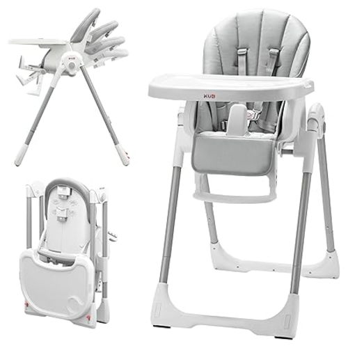 KÜB 3-in-1 Foldable Baby High Chair | Multifunctional Infant High Chairs for Babies and Toddlers | Removable Seat & Tray Easy Clean | 7 Height & 4 Recline Adjustable | 2 Locking Wheels (Grey)