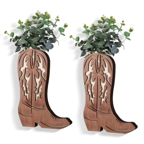 Havawish 2 Pcs Modern Farmhouse Decor Wood Cowboy Boots Wall Planter for Indoor Plants 12 x 8'' Cowboy Boot Flower Hanging Vase for Flower Faux Wood Wall Decor for Bathroom Bedroom(Retro Style)