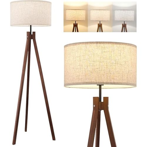 ELYONA Wood Tripod Floor Lamp, Mid Century Reading Standing Lamp with 3 Color Temperatures & Linen Shade, Modern Night Light for Bedroom, Farmhouse, Living Room, Office, 9W LED Bulb Included, Brown