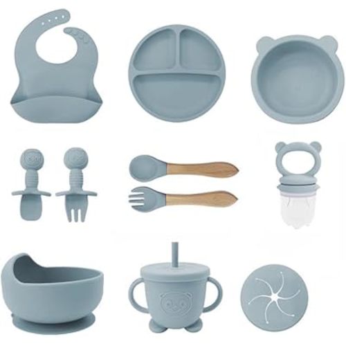 Silicone Baby Feeding Set – Pandaloo Collection, 11-Piece Baby-Led Weaning Set – Self-Feeding Kit for Babies & Toddlers – BPA-Free, Dishwasher Safe Feeding Essentials (Coastal Blue)