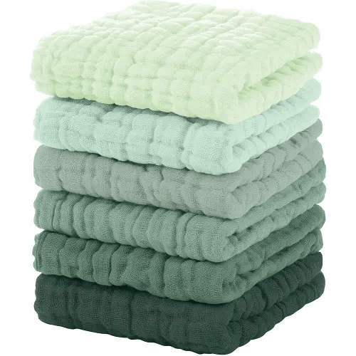 Muslin Burp Cloths Baby 12''X12'',Baby Washcloths 6 Pack, 100% Cotton Baby Wash Cloths Absorbent And Soft For Newborn Infants Kids Boys Girls Green