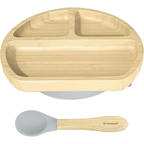 Abiie Octopod Bamboo Dish - Kids Plates for 4 months and up, 3-Compartment Baby Plates with Suction, Triangle Bamboo Baby Plate, Mess-Free Toddler Suction Plates, Baby Feeding Supplies, 8.3x1.9x7.7 in