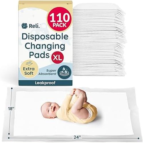Reli. Disposable Changing Pads for Baby (110 Pack) 18" x 24" XL Disposable Diaper Changing Pad Liners Extra Large | Super Absorbent, Leak-Proof, Waterproof, Quick Dry (White)