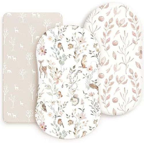 GRSSDER Stretchy Ultra Soft Fitted Bassinet Sheets 3 Pack, Universal Fit for Baby Cradle Moses Basket Oval Rectangle Mattress Safe and Snug, Beautiful Blush Pink Floral Bassinet Sheet for Girls