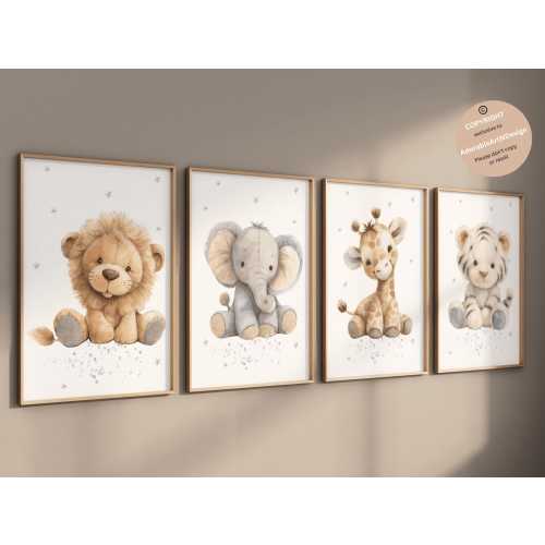 Animal prints, nursery wall art, Plush animals, Baby animal prints, Safari nursery, Safari animal print, playroom decor, nursery wall decor