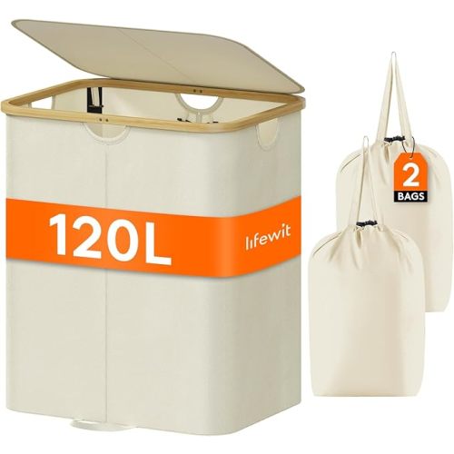 Lifewit 120L Double Laundry Hamper with Lid, Large Dual Laundry Basket Removable Bags, 2 Sections Aesthetic Clothes Hampers for Laundry with Bamboo Handles for Bedroom Bathroom Dorm, Beige