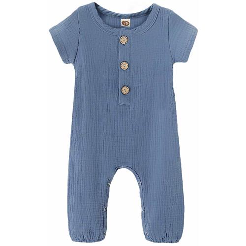 Newborn Baby Boy Jumpsuit Cotton Linen Solid Romper Short Sleeve One-Piece Bodysuit Infant - Blue