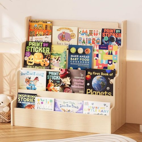 NACHES 4-Tier Kids Scalloped Bookshelf Montessori Wood Toddler Nursery Bookcase Baby Book Magazine Display Shelf Front Facing Children Book Rack Toy Organizer Girl Boy Bedroom Classroom Playroom