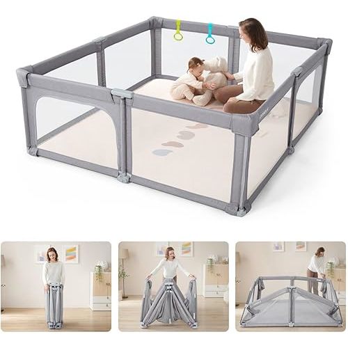 Baby Playpen Portable, Pre-Assembled Play Pen 71x79 Large Foldable Playpen for Babies and Toddlers, Sturdy and Safe Toddler Playpen Indoor Outdoor with Carry Bag,Light Grey