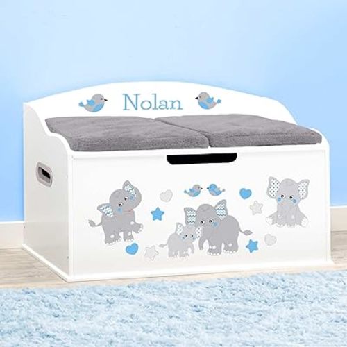 DIBSIES Personalized Creative Wonders Toy Box, Blue Elephants, 30 x 19.25 x 18 inches, Soft-Close Lid (White)