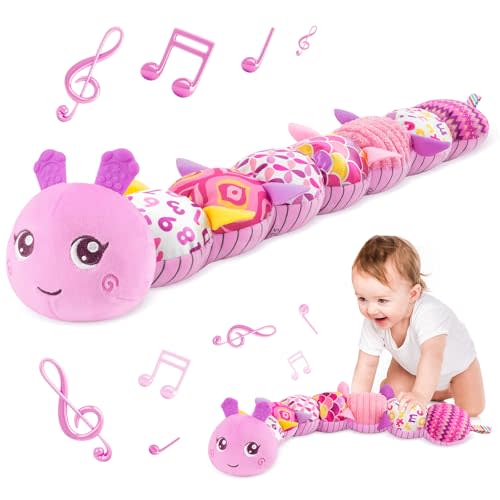 Infant Baby Musical Stuffed Animal Activity Soft Toys with Multi-Sensory Crinkle, Rattle and Textures, for Tummy Time Newborn 0-3-6-12 Months Girls, Caterpillar, Red & DeepPink