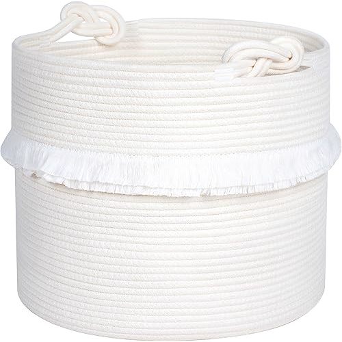 MINTWOOD Design 15 x 14.2in Woven Cotton Rope Storage Blanket Basket with Knot Handles, Laundry Hamper, Nursery & Dog Toy Bin, Gift Basket, Creamy White