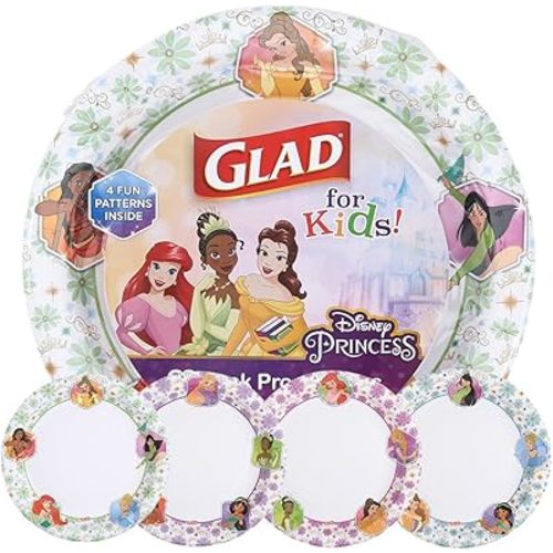 Glad for Kids Disney Princess 10” Paper Plates | Disney Princess Paper Plates, Kids Snack Plates | Kid-Friendly Paper Plates for Everyday Use, 10” Paper Plates 30 Ct, Floral Frames