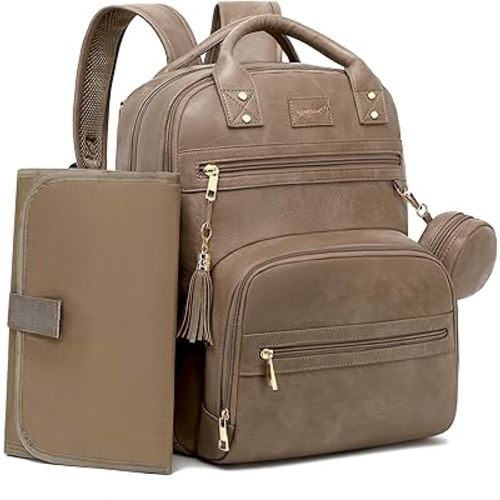Vegan Leather Diaper Bag Backpack for Boy Girl with Changing Pad and Pacifier Case, Waterproof, Travel Baby Bag Backpack for Mom Dad, Perfect Baby Shower Gifts, Taupe