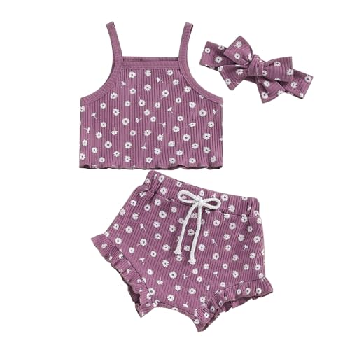 Lnzyyephy Infant Baby Girl Clothes Sleeveless Ribbed Floral Print Tank Tops Ruffle Bloomer Shorts Newborn Summer Outfits Set