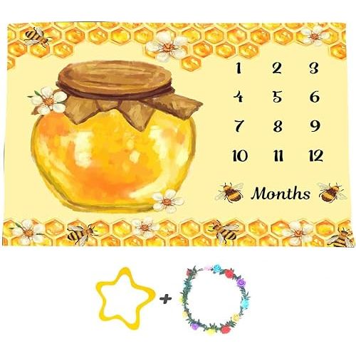 Bees Theme Baby Monthly Milestone Blanket, 60x40in Soft Flannel, Honey Jar Backgrounds, Newborn Mom Gifts, Baby Shower Age Growth Tracker with Bonus Maker