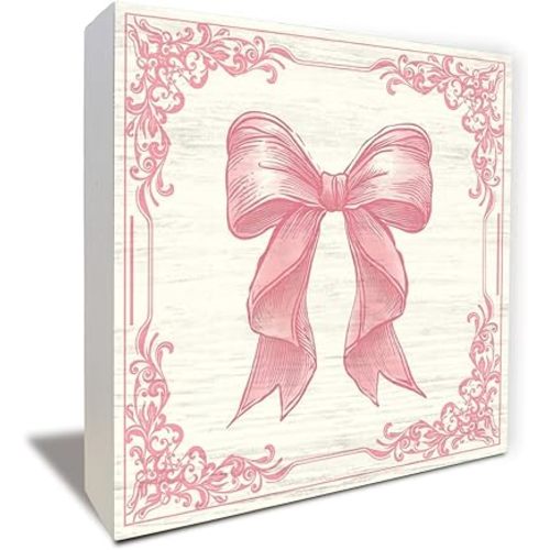 Pink Bow Wooden Box Sign Room Decor Dorm Room Essentials for Girls Girly Ribbon Bow for Girls Room Dorm College Bedroom Desk Tabletop Decoration-7x7In