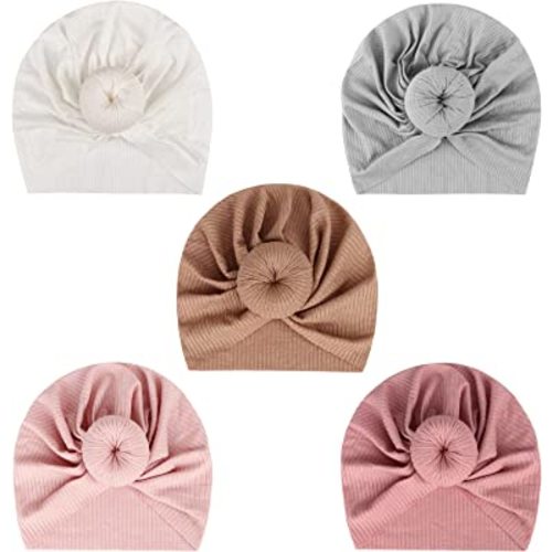 DRESHOW BQUBO 5 Pieces Baby Turban Hats Turban Bun Knot Baby Infant Beanie Baby Girl Soft Cute Toddler Cap