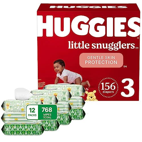 Huggies Little Snugglers Size 3 Diapers, 156ct & Sensitive Unscented Wipes, 12 Flip-Top Packs (768 Total)