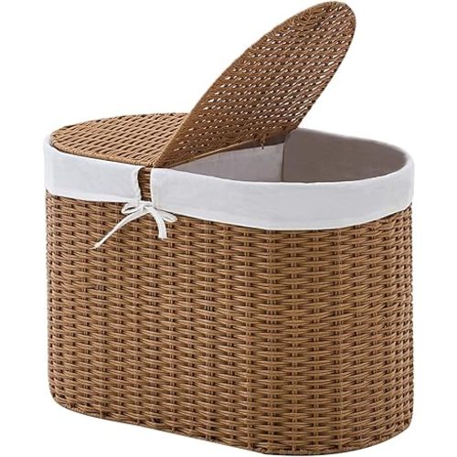 Laundry Hamper with Lid, 70L Handwoven Rattan Clothes Hamper with Removable Liner Bags, 2 Section Wicker Laundry Basket for Bedroom, Laundry Room and Bathroom(Rattan, 70L)