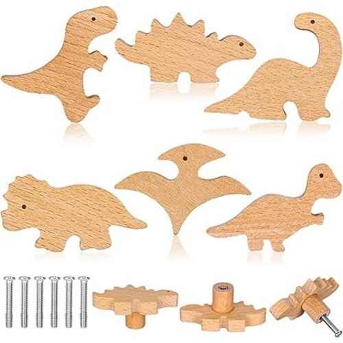 Whaline 6Pcs Wooden Dinosaur Cabinet Knobs with Screws Decorative Dino Theme Dresser Knobs Natural Wood Animal Furniture Knobs for Nursery Drawer Handles Room Dresser Pulls Decor