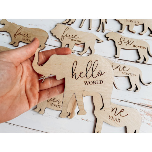 Wooden Monthly Milestone Disc & Safari Animals For Baby Photos | Sarfari Animal Theme | Monthly Milestone Marker Baby Gift Milestone Cards