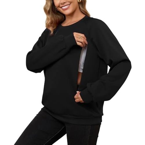 DEBELLY Nursing Friendly Sweatshirt for Breastfeeding Women Dual Zippers Nursing Top Long Sleeve Crew Neck Casual Wear
