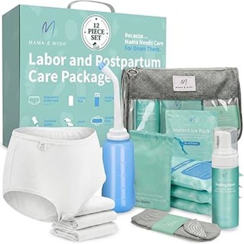 Mama & Wish® Postpartum Essentials Kit (14-Piece) - Includes Hospital Post Partum Essentials for Women After Birth, Labor and Delivery Gown, Peri Bottle, Witch Hazel Foam, Pad Liners & More!