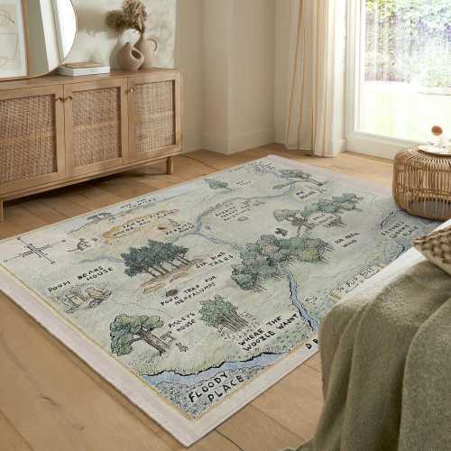 Fairy Tale Woodland Area Rug - Winnie Grip Backing Rug - Cartoon Map Washable Throw Rug -Pooh Tent Runner-Green Entryway Mat-Pooh Map Carpet