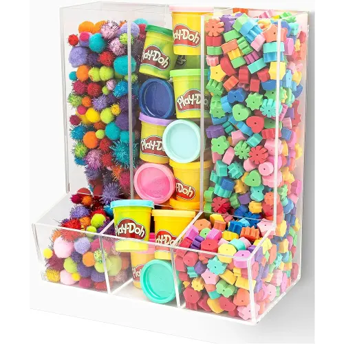 Hanging Acrylic Triple Divided Wall Toy Dispenser for Children’s Room, Blocks, Cars & Trains