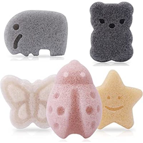 KECUCO Konjac Baby Sponge for Bathing, Natural Kids Bath Sponges for Infants, Toddler Bath Time, Cute Shapes Natural and Safe Plant-Based Konjac Baby Bath Accessories, 5pcs