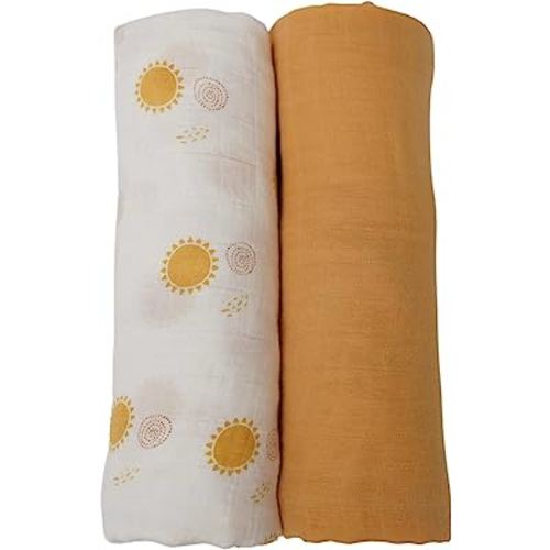 Baby Swaddle Blanket, Gender Neutral, 100% Organic Cotton, 2 Pack Super Soft and Lightweight Muslin Baby Blanket, 47"x47", Sunshine Print & Yellow.