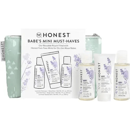 The Honest Company Babe's Mini Must Haves Gift Set Travel Size Hypoallergenic Lavender Bathtime Essentials Shampoo Body Wash (2 fl oz) Face Lotion (1 Bubble Bath
