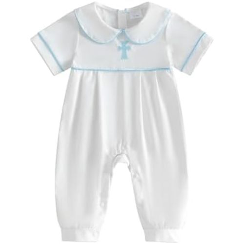 Lamuusaa Newborn Baby Boy Baptism Outfit Bubble Romper Peter Pan Bodysuit Cross Jumpsuit Infant Church Outfit 0-18M