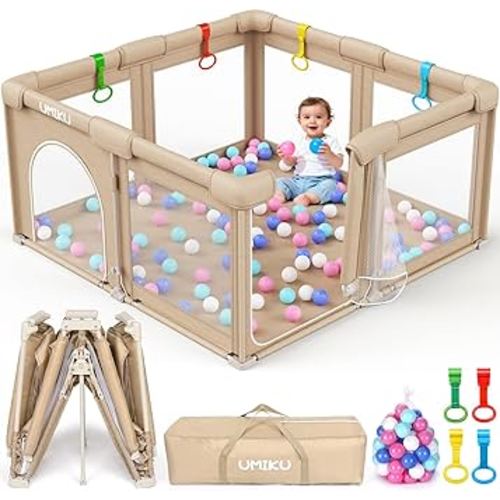 Baby Playpen Foldable Playpen for Babies and Toddlers, Large Playpens Portable Play Pen with 2 Doors Play Yard for Kid Fence Indoor Outdoor 4 Handlers 50 Balls Baby Newborn Infant Gifts 50"X50" Khaki